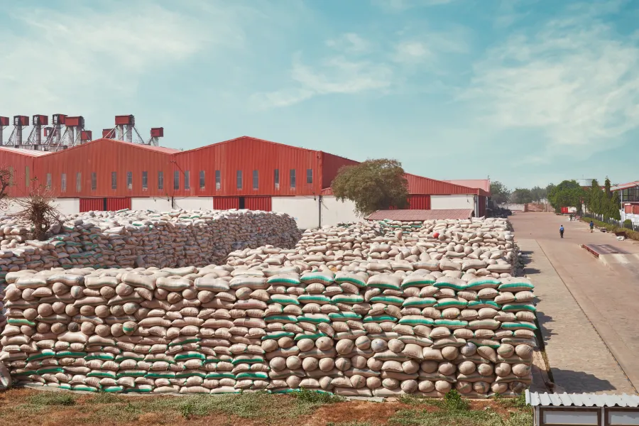 Outdoor loading docks and infrastructure at the rice processing complex